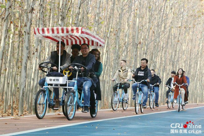 外国人の青年が河南省鄭州市恵済区見学を楽しむ