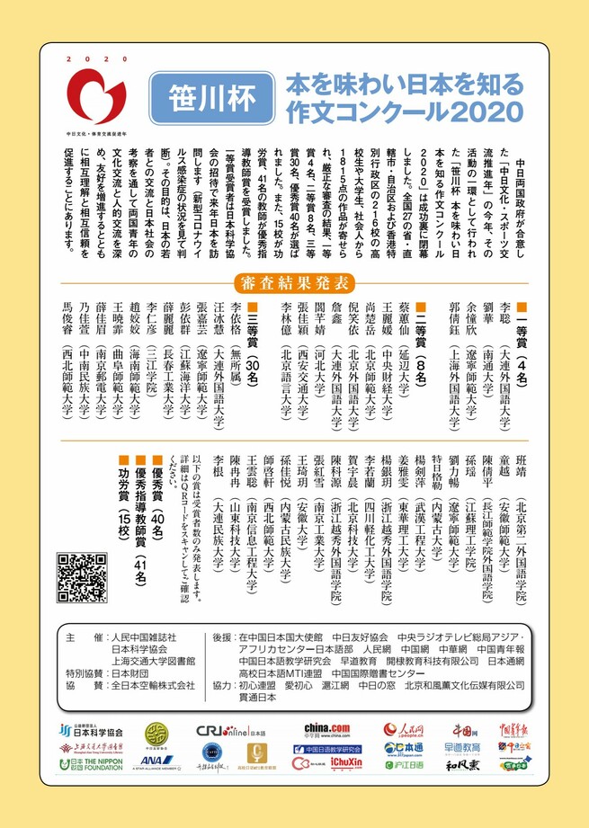 「笹川杯　本を味わい日本を知る作文コンクール2020」審査結果発表