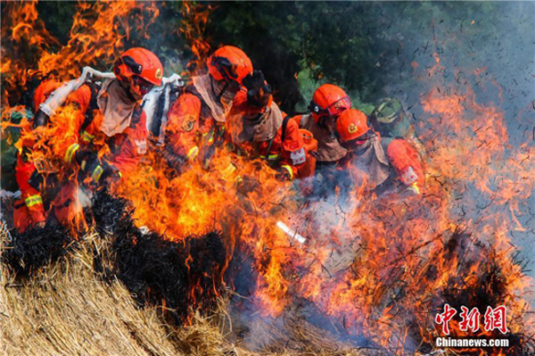 ทหารพิทักษ์ป่าไม้ของมณฑลกันซูซ้อมดับเพลิงในฤดูร้อน