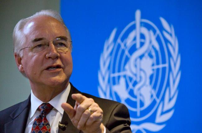U.S. Health and Human Services Secretary Tom Price speaks during an event titled "The Next Pandemic" at the World Health Organization office in Beijing Monday, Aug. 21, 2017. [Photo: AP]