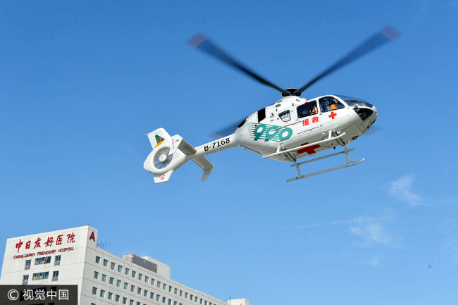 An ambulance helicopter takes off from the roof of a new parking structure opened at the China-Japan Friendship Hospital in Beijing on August 29, 2017. [Photo: VCG]