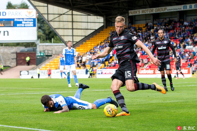 Motherwell midfielder Andy Rose (#15) clears the ball after St Johnstone defender Richard Foster (#19) slips during the Ladbrokes Scottish Premiership match between St Johnstone and Motherwell at McDiarmid Stadium, Perth St Johnstone v Motherwell, Ladbrokes Scottish Premiership on August 12, 2017 [Photo: dfic.cn]