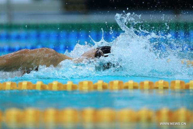 Ning Zetao of Henan reacts after the men's 100m freestyle swimming semifinal at 13th Chinese National Games in north China's Tianjin Municipality, Sept. 3, 2017. Ning Zetao advanced to the final with 48.11 seconds. [Photo: Xinhua/Fei Maohua]