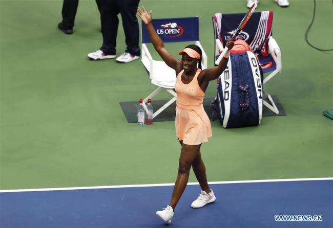 Sloane Stephens of the United States celebrates after defeating her compatriot Madison Keys during the women's singles final match at the 2017 US Open in New York, the United States, Sept. 9, 2017. Sloane Stephens won 2-0 to claim the title. [Photo: Xinhua/Qin Lang]