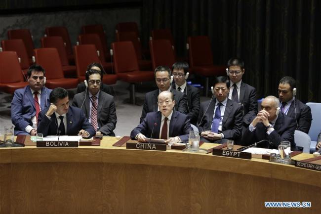 Liu Jieyi, China's permanent representative to the United Nations, addresses a meeting of the UN Security Council at the UN headquarters in New York Sept. 11, 2017. The UN Security Council on Monday adopted a resolution to impose fresh sanctions on the Democratic People's Republic of Korea (DPRK) over its nuclear test on Sept. 3 in violation of previous UN Security Council resolutions. [Photo: Xinhua/Li Muzi]
