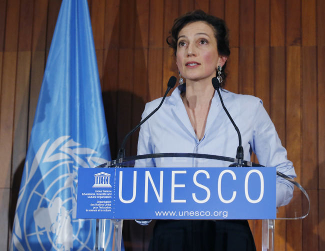 UNESCO'S new elected director-general France's Audrey Azoulay speaks to the media at the UNESCO headquarters in Paris, France, Friday, Oct. 13, 2017. UNESCO's executive board has chosen France's Audrey Azoulay as the Paris-based U.N. agency's new chief, rejecting a candidate from Qatar who was seen as the front-runner a day earlier.[Photo: AP]