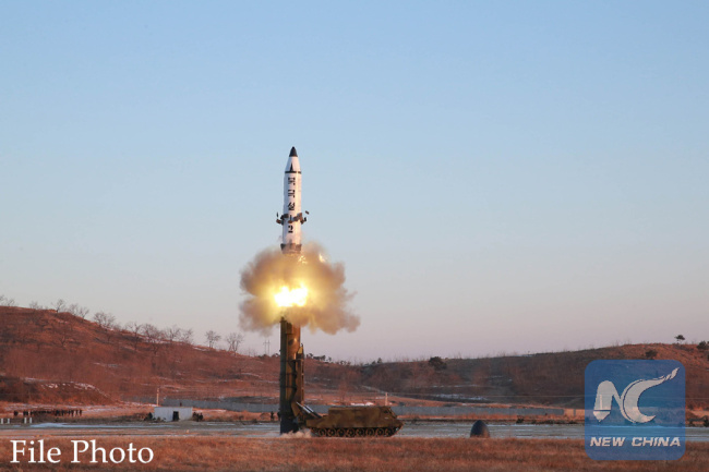 Photo provided by Korean Central News Agency (KCNA) on Feb. 13, 2017 shows a test firing of a surface-to-surface medium- and long-range ballistic missile Pukguksong-2 on Feb. 12, 2017.[File Photo: Xinhua]