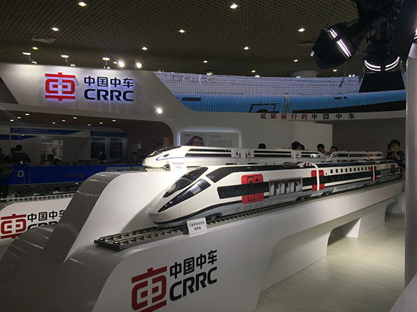 Models of China's bullet trains are on display at Modern Railways 2017, the 14th China International Modern Railway Technology and Equipment exhibition, in Shanghai, on Thursday, October 26, 2017. [Photo: thepaper.cn]