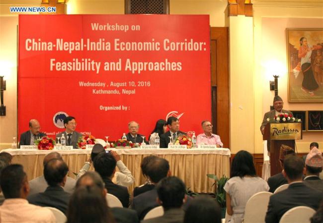 Photo taken on Aug. 10, 2016, shows the "China-Nepal-India Economic Corridor: Feasibility and Approaches" workshop in Kathmandu, Nepal. The establishment of a China-Nepal-India economic corridor will help secure economic prosperity of the entire Asian region through enhancing cooperation on trade, tourism, energy and connectivity, experts said here on Wednesday. [Photo: Xinhua] 