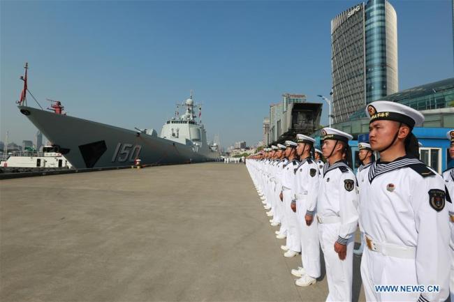 A farewell ceremony for a Chinese naval fleet is held in Shanghai, east China, April 23, 2017. The fleet of three Chinese naval ships left Shanghai Sunday morning for public relations visits to more than 20 countries. [Photo: Xinhua]