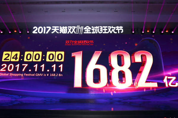 Chinese e-commerce giant Alibaba announces that its Singles' Day shopping promotion breaks sales records, with its live sales ticker registering 168.2 billion yuan as tills shuts at 0:00 a.m. on November 12, 2017. [Photo: Imagine China]