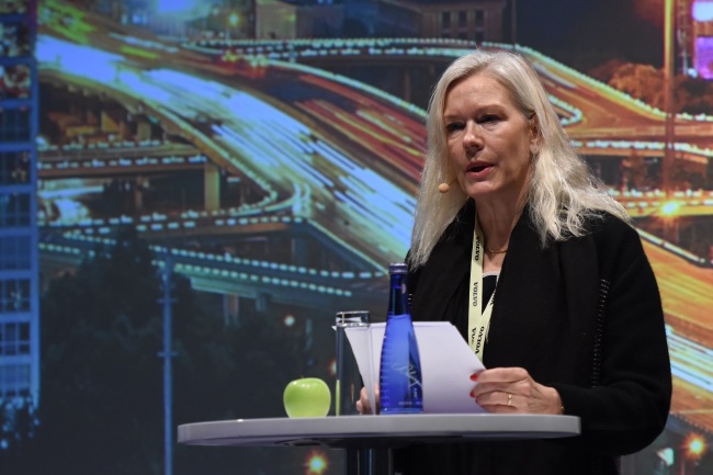 Anna Lindstedt, Swedish Ambassador to China delivers a speech at Volvo Group Innovation Summit in Beijing on Nov.15,2017.[Photo:ChinaPlus]