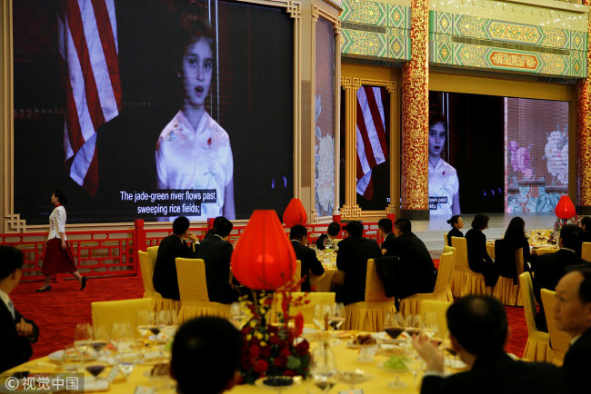 Arabella Kushner, granddaughter of U.S. President Donald Trump, sings traditional Chinese songs in a video as part of Trump's toast as China's President Xi Jinping hosts a state dinner at the Great Hall of the People in Beijing, China November 9, 2017. [Photo: VCG]