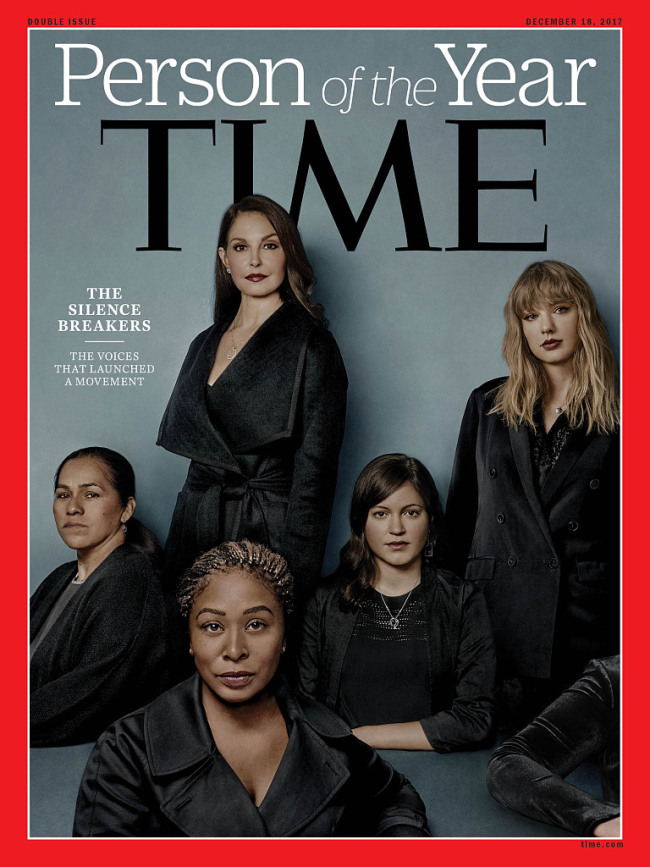 Time magazine named "The Silence Breakers" who revealed the pervasiveness of sexual harassment and assault across various industries that triggered a national reckoning in the United States as Person of the Year. The cover features a group portrait of “The Silence Breakers,” including Ashley Judd, Susan Fowler, Adama Iwu, Taylor Swift, and Isabel Pascual. [Photo: VCG/TIME INC.]