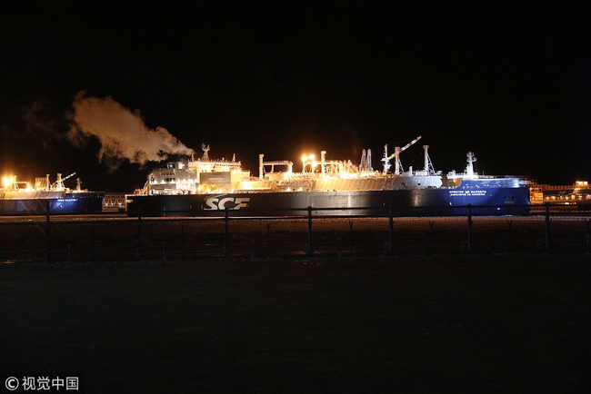 An icebreaking LNG carrier is seen during the launch ceremony for the first LNG loading at Yamal LNG plant in Sabetta port, Russia on December 8, 2017.  [Photo: VCG]