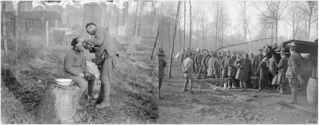 A barber at work (left) and Chinese Labour Corps workers drawing rations (right), both photos taken in Crecy Forest, 27 Jan 1918 [Photos: IWM, London]