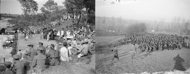 Members of the Chinese Labour Corps entertaining Chinese workers and British troops at an open-air theatre at Etaples, France (left) [Photo: IWM, London]A sword display in a Chinese labour camp in Crecy Forest, 27 Jan 1918 (right) [Photo: IWM, London]
