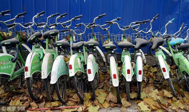 A row of Coolqi Bikes sit deserted on a street in Zhengzhou, capital of Henan Province, November 30, 2017. [File Photo: VCG]