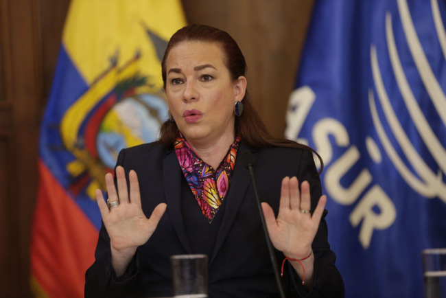 Ecuador's Foreign Minister Maria Fernanda Espinosa gives a press conference, January 11, 2018. Ecuador has granted citizenship to WikiLeaks founder Julian Assange, who has been living in asylum at the nation’s embassy in London for more than five years. [Photo: AP/Dolores Ochoa]