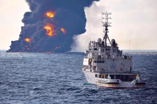 Panama-registered oil tanker Sanchi is rocked by another partial explosion on Sunday, January 14, 2018. [Photo: Ministry of Transport]