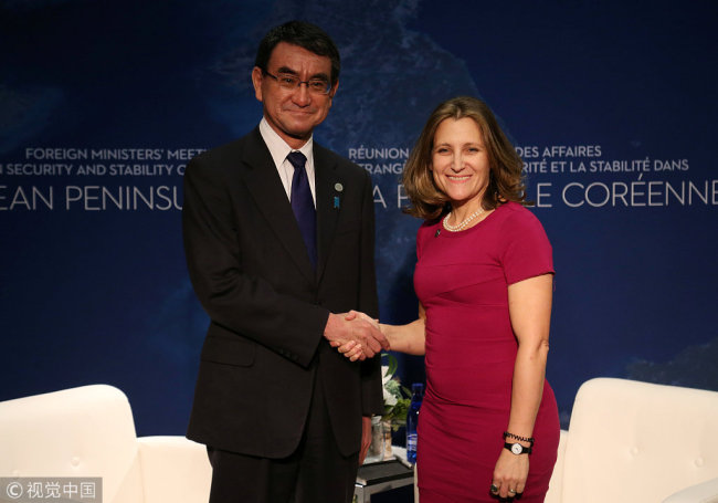 Canada’s Minister of Foreign Affairs Chrystia Freeland holds a bilateral meeting with the Japan's Minister of Foreign Affairs Taro Kono in Vancouver, British Columbia, Canada, January 15, 2018. [Photo: VCG]