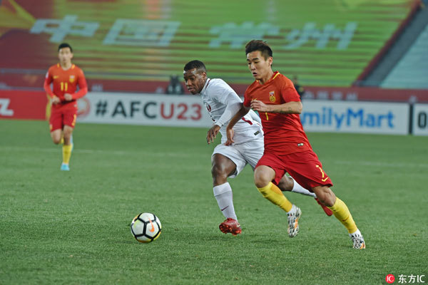 Players from China and Qatar compete against each other in their last group game of the AFC U23 Championship 2018 in Changzhou, Jiangsu Province, on January 15, 2018. [Photo: Imagine China]