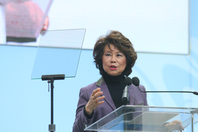 Elain Chao, US Secretary of Transportation speaks about self-driving technologies at the 2018 NAIAS, which is being held from January 13th 28th in Cobo Center of downtown Detroit, Michigan. [Photo: China Plus/Liu Kun]