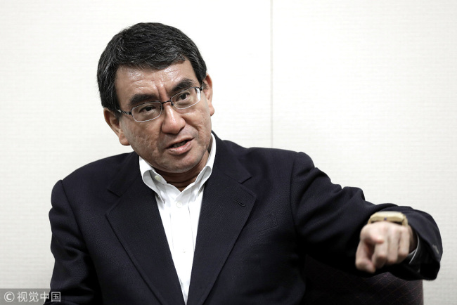 Japan's Foreign Minister Taro Kono speaks during an interview at the Ministry of Foreign Affairs in Tokyo, Japan, on Tuesday, Aug. 22, 2017. [File Photo: VCG]