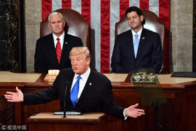 US President Donald Trump delivers the State of the Union address at the US Capitol in Washington, DC, on January 30, 2018. [Photo: VCG]