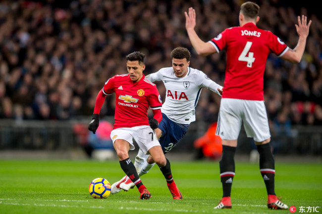Alexis Sanchez of Manchester United with the ball during the Premier League match between Tottenham Hotspur and Manchester United at Wembley Stadium, London, England on January 31, 2018. [File Photo: IC]