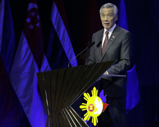 Singapore Prime Minister Lee Hsien Loong delivers his speech after the transfer of ASEAN Chairmanship at the closing ceremonies of the 31st ASEAN Summit and Related Summits on Tuesday, Nov. 14, 2017 in Manila, Philippines. [File Photo: AP/Aaron Favila]
