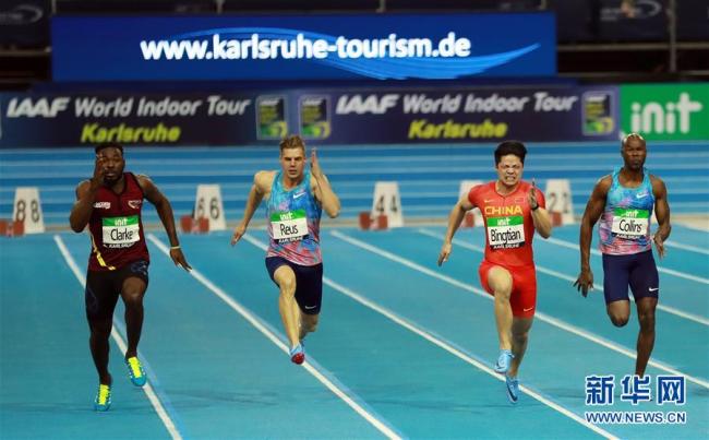 Chinese top sprinter Su Bingtian (2nd right) competes in the final of the 2018 International Association of Athletics Federations (IAAF) World Indoor Tour in Karlsruhe, Germany, on Feb. 3, 2018. [Photo: Xinhua]