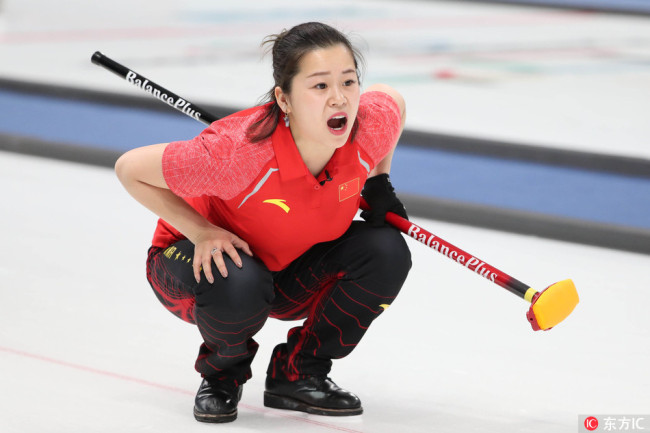 Rui Wang (CHN) reacts during curling mixed doubles in the Pyeongchang 2018 Winter Olympic Games at Gangneung Curling Centre in Pyeongchang, South Korea on Feb. 10, 2018. [Photo: Kevin Jairaj/IC] 
