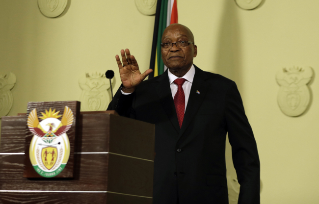 South African President Jacob Zuma addresses the nation and press at the government's Union Buildings in Pretoria, South Africa, Wednesday, Feb. 14, 2018. South African President Jacob Zuma says he has resigned "with immediate effect." The scandal-tainted leader made the announcement late Wednesday in a televised address to the nation. [Photo: AP/Themba Hadebe]