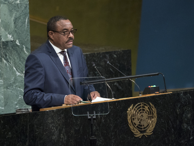 Ethiopia's Prime Minister Hailemariam Desalegn addresses the United Nations General Assembly, Friday, Sept. 22, 2017, at U.N. headquarters. [Photo: AP/Craig Ruttle]