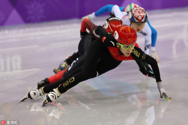 Fan Kexin of the Chinese relay team leads the pack during the finals of the women's 3,000m relay short track speed skating at the Gangneung Ice Arena in Gangneung, South Korea, during the 2018 PyeongChang Winter Olympics on February 20, 2018. [Photo: IC]