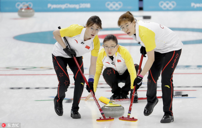 China's skip Wang Bingyu (center) watches her teammates sweep the ice during a women's curling match against Canada at the 2018 Winter Olympics in Gangneung, South Korea, Feb. 20, 2018. [Photo: IC]