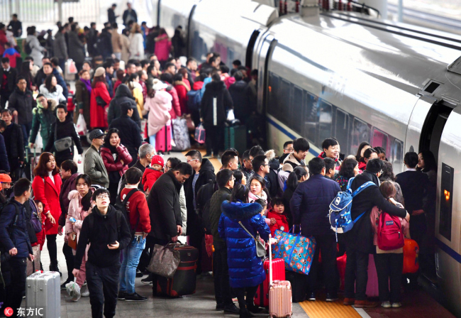 Passengers board a train at Changsha South Railway Station in Changsha, Hunan Province, Feb. 20, 2018. [Photo: IC]