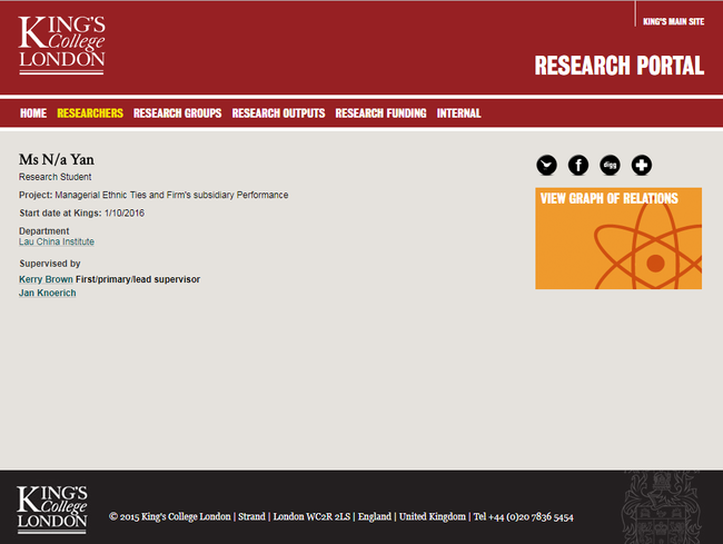 Screenshot of basic information of Yan Sihong on the website of King's College London [Photo: China Plus]