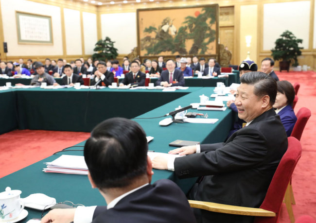 Chinese President Xi Jinping joins a panel discussion with Inner Mongolian deputies to the 13th National People's Congress (NPC) in Beijing, March 5, 2018. [Photo: Xinhua]