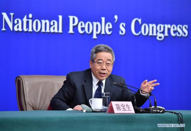 China's Minister of Education Chen Baosheng answers questions at a press conference on China's efforts on providing fair education of good quality on the sidelines of the first session of the 13th National People's Congress (NPC) in Beijing, capital of China, March 16, 2018. [Photo: Xinhua] 