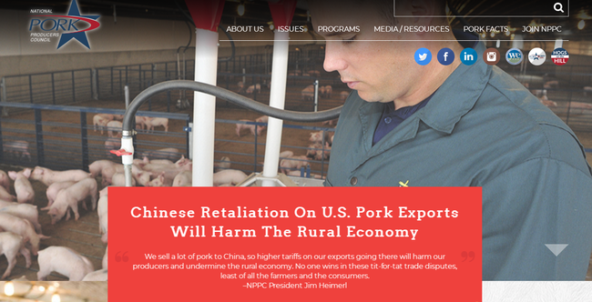 A statement on the website of the U.S. National Pork Producers Council says that the Chinese retaliation on U.S. pork exports will harm the rural economy. [Screenshot: China Plus]