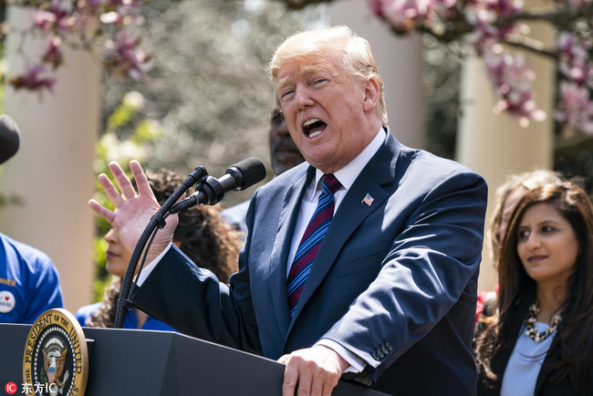 US President Donald J. Trump speaks about his tax cuts in the Rose Garden of the White House in Washington DC, USA, 12 April 2018. [Photo:IC]