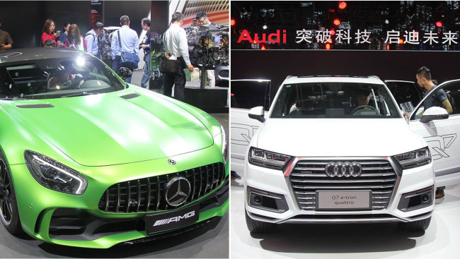 A photo combination of an Audi (right) and Mercedes (left) at 2017 Automobile Shanghai Expo. [Photo: VCG]