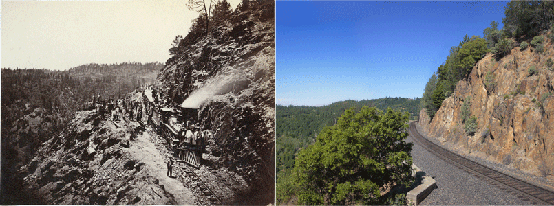 On the left, in the photo of Alfred Hart, workers laid tracks in Cape Horn. On the right is a photo taken on the same spot by Chinese photographer Li Ju. [Photo (left): Alfred Hart/Photo (right): Li Ju]