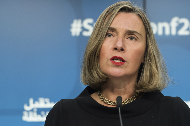 European Union foreign policy chief Federica Mogherini addresses the media during a conference 'Supporting the future of Syria and the region' at the EU Council in Brussels on Wednesday, April 25, 2018. [Photo: AP/Virginia Mayo]