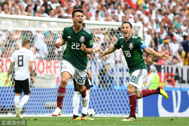 Hirving Lozano of Mexico celebrates after scoring his team's first goal during the 2018 FIFA World Cup Russia group F match between Germany and Mexico at Luzhniki Stadium on June 17, 2018 in Moscow, Russia. [Photo: VCG/David Ramos]