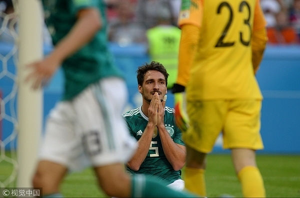 Germany's Mats Hummels reacts failing to score during the World Cup Group F soccer match between South Korea and Germany at the Kazan Arena, in Kazan, Russia, June 27, 2018. [Photo: VCG]