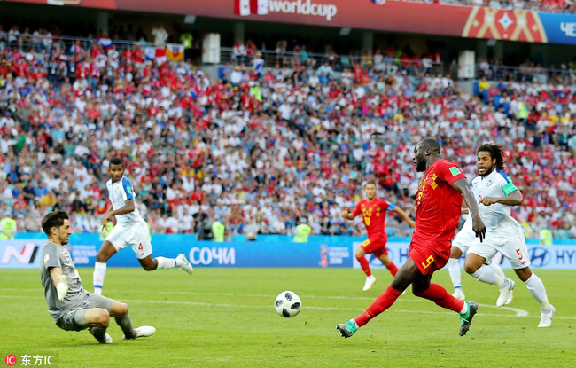 Romelu Lukaku scores his side's third goal during the 2018 FIFA World Cup Russia Group G match between Belgium and Panama at Fisht Stadium in Sochi, Russia, June 18, 2018.[Photo: IC]