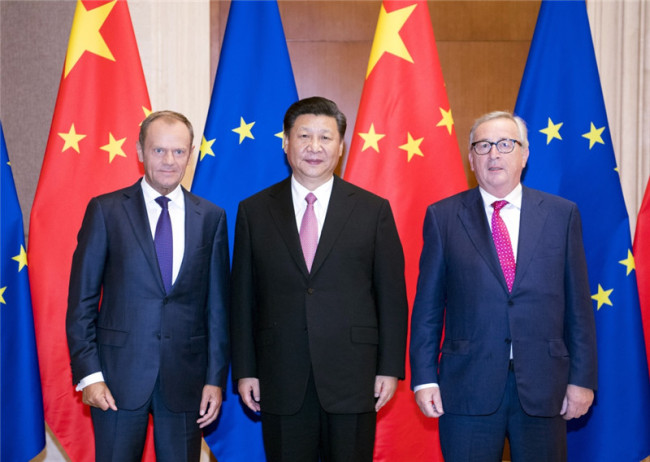 Chinese President Xi Jinping met with European Council President Donald Tusk and European Commission President Jean-Claude Juncker in Beijing on Monday, July 16, 2018. [Photo: Xinhua]